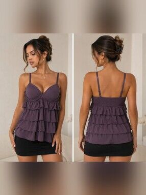nature intimates purple tiered ruffle babydoll cami top w- built-in molded bra36